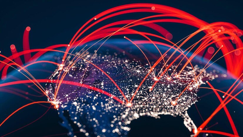 Visual representation of broadband coverage in Dhaka city with red network connections over a nighttime map. Evolution Net coverage area